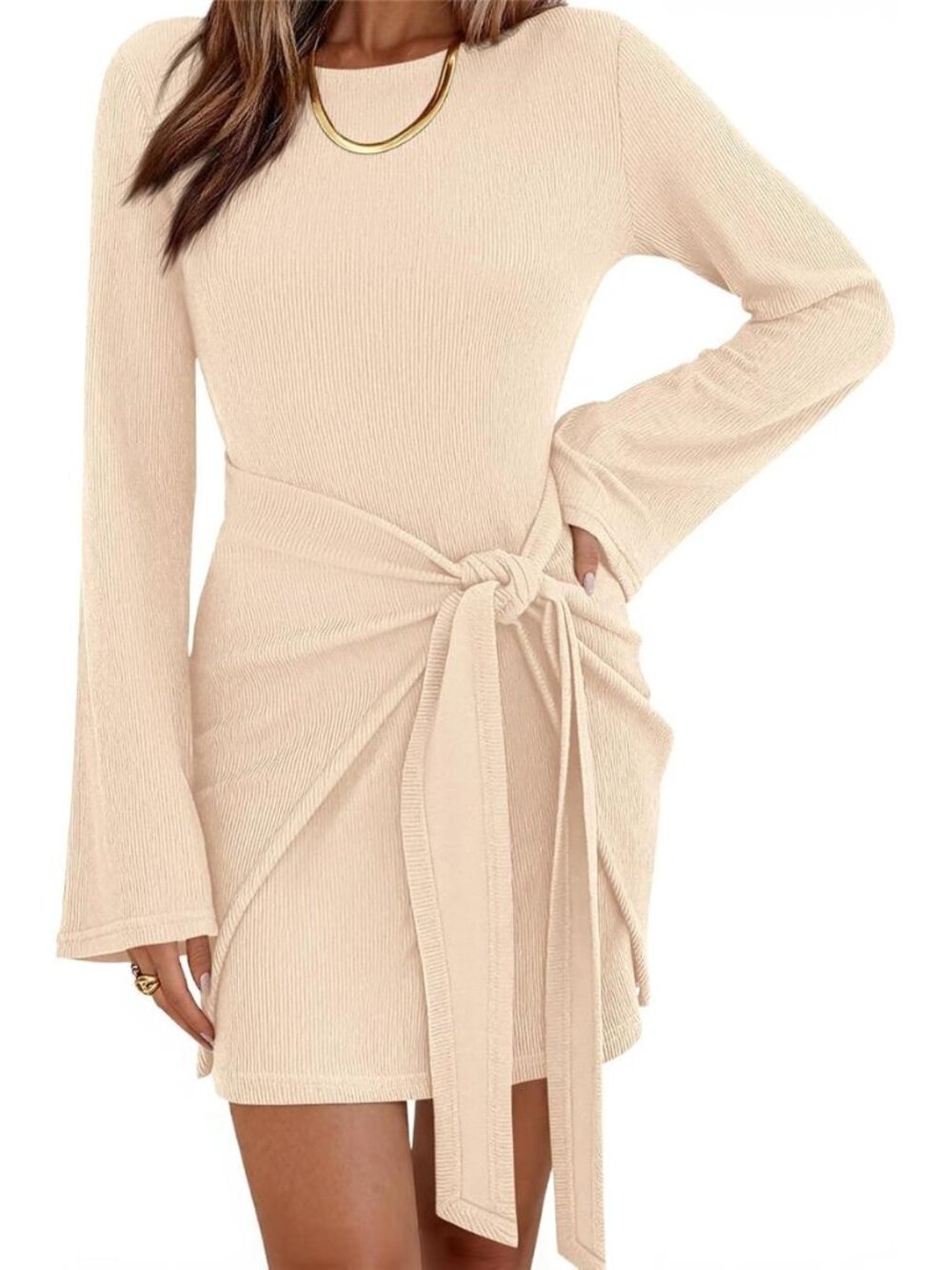 dowerme Women Bell Long Sleeve Tie Waist Bodycon Mini Dress